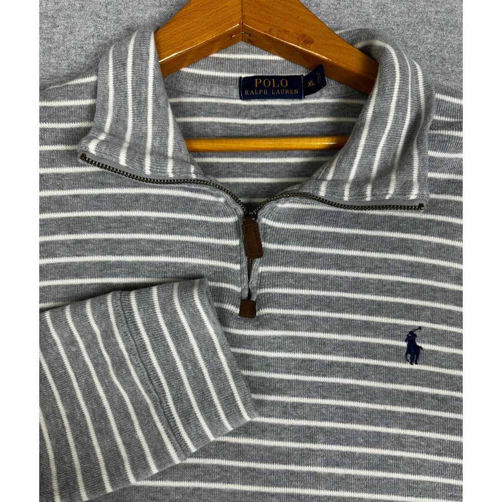 Polo‎ Ralph Lauren Quarter Zip Men XL Grey Striped Estate Ribbed Pullover